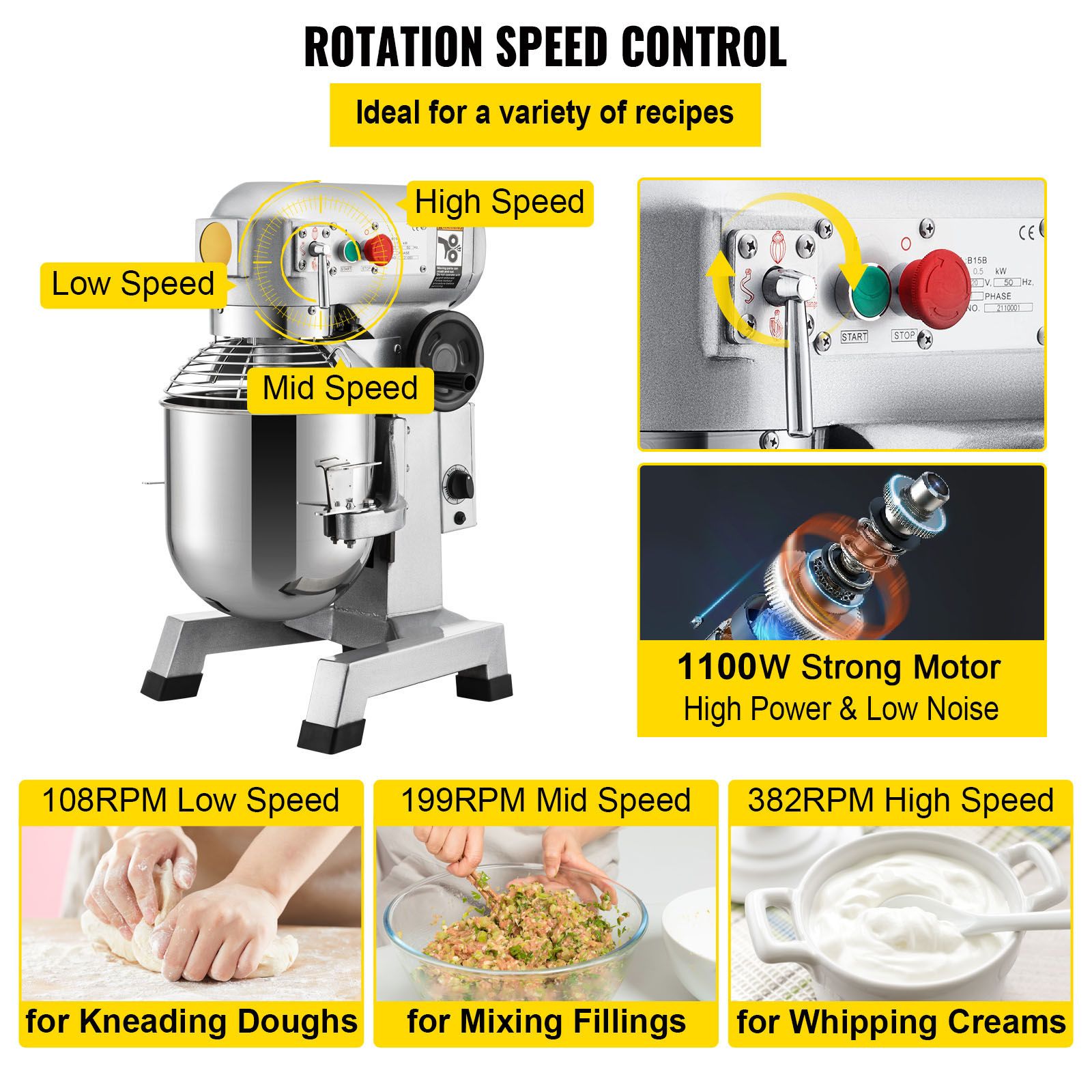 VEVOR Commercial Food Mixer 30Qt, Food Mixer Commercial with Timing Function, 1100W Stainless Steel Bowl Heavy Duty Electric Commercial Mixer with 3 Speeds Adjustable 108/199/382 RPM, Dough Hook Whisk