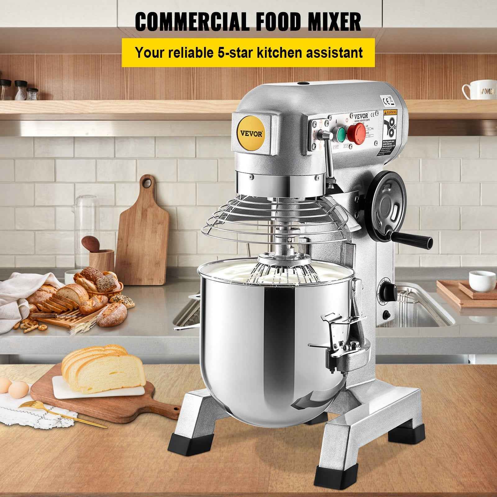 VEVOR Commercial Food Mixer 30Qt, Food Mixer Commercial with Timing Function, 1100W Stainless Steel Bowl Heavy Duty Electric Commercial Mixer with 3 Speeds Adjustable 108/199/382 RPM, Dough Hook Whisk