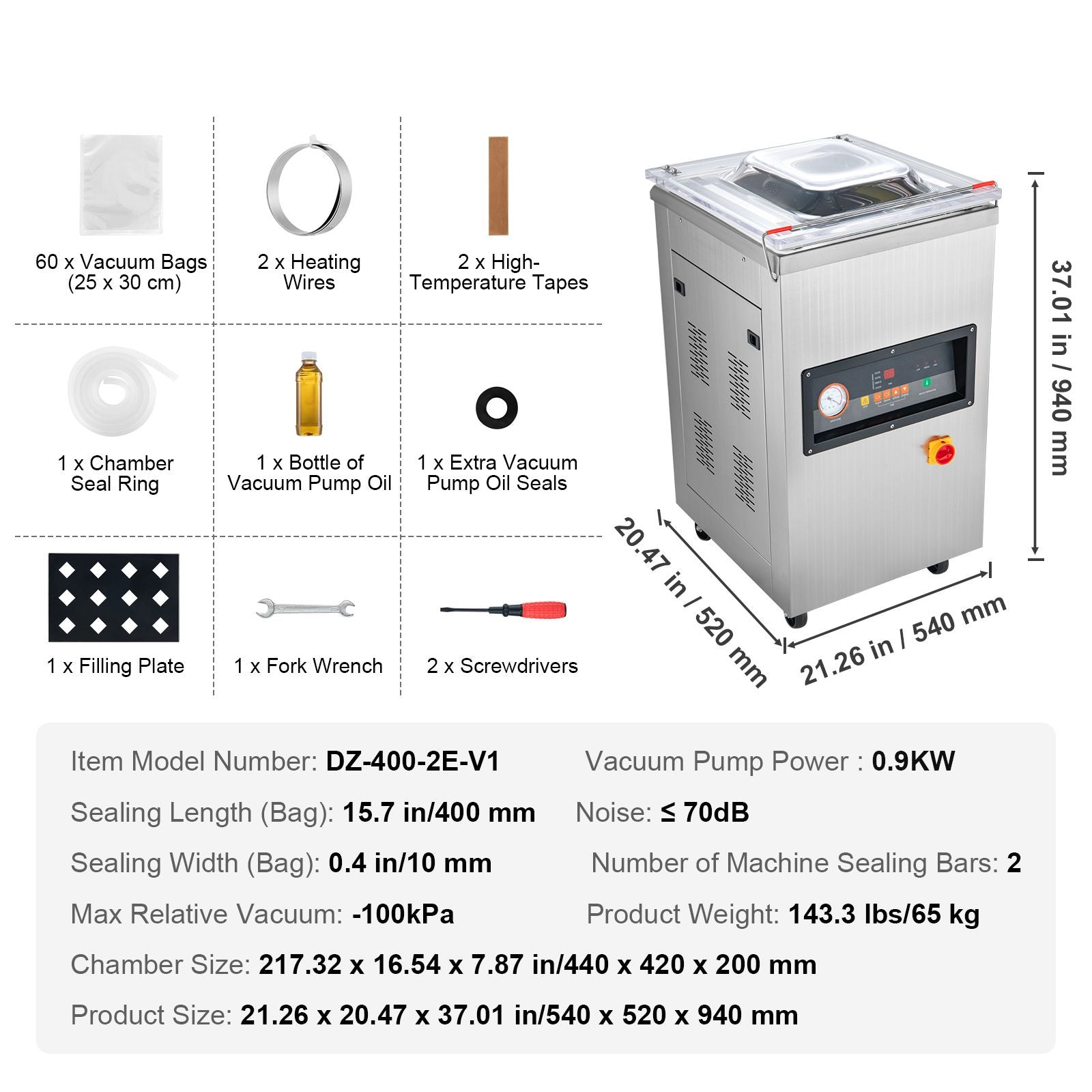 Vevor DZ-400/2E Automatic Extra Deep Vacuum Sealer Food Vacuum Sealing Packing Machine 220V