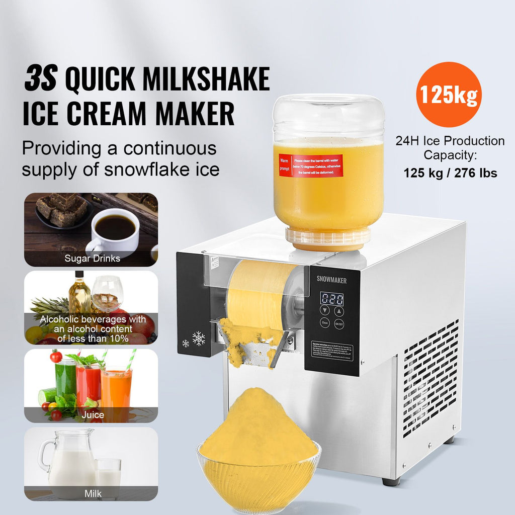 VEVOR Commercial Snowflake Ice Machine, 276LBS/24H Snowflake Ice Maker, Stainless Steel Ice Shaver Machine, Electric Snow Cone Maker, Air Cooling System for Rapid Heat Dissipation, for Bakery, Cafe