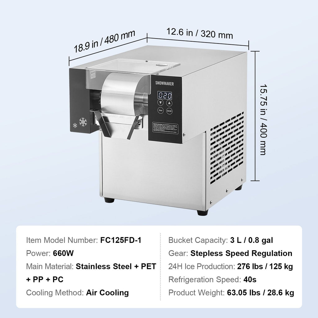 VEVOR Commercial Snowflake Ice Machine, 276LBS/24H Snowflake Ice Maker, Stainless Steel Ice Shaver Machine, Electric Snow Cone Maker, Air Cooling System for Rapid Heat Dissipation, for Bakery, Cafe