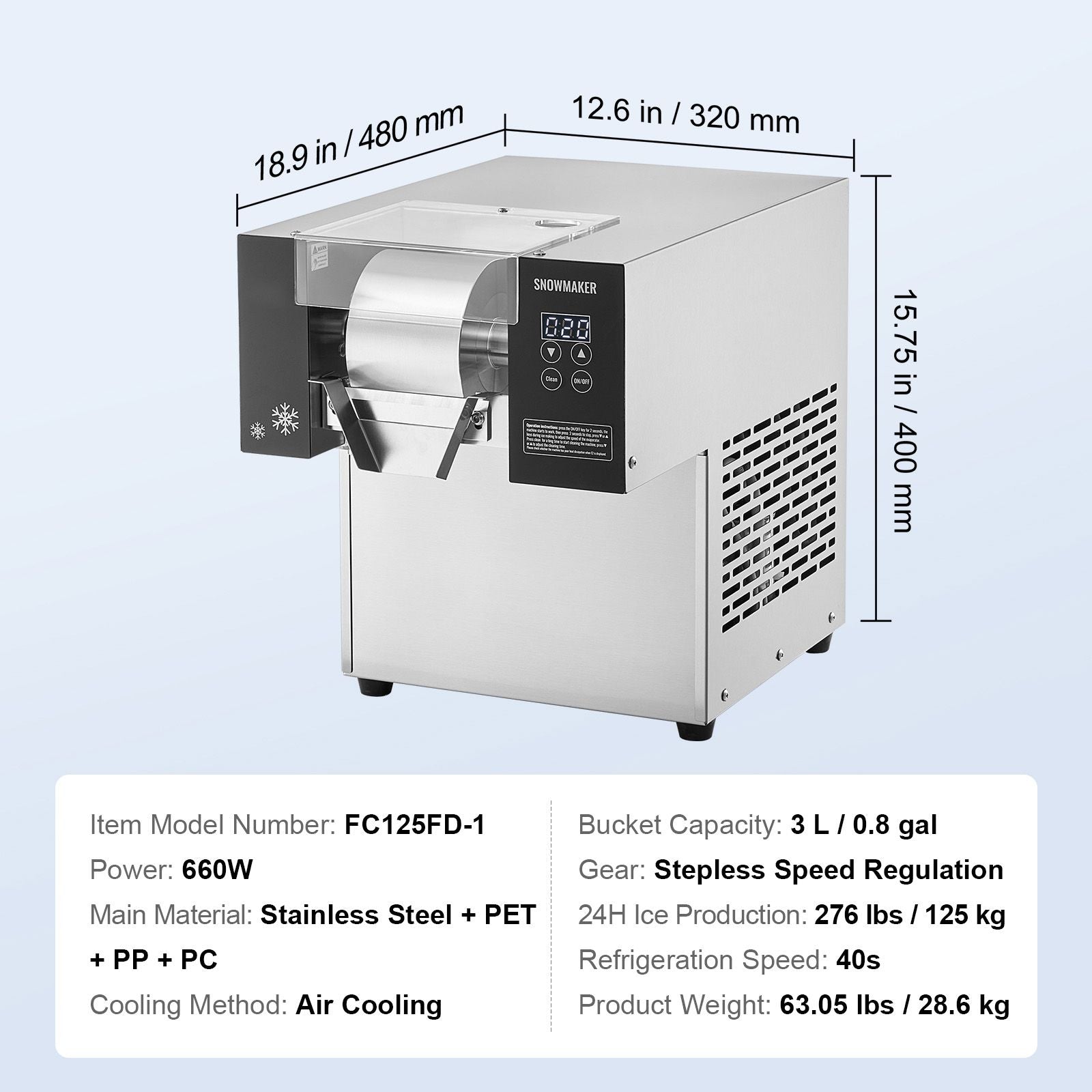 VEVOR Commercial Snowflake Ice Machine, 276LBS/24H Snowflake Ice Maker, Stainless Steel Ice Shaver Machine, Electric Snow Cone Maker, Air Cooling System for Rapid Heat Dissipation, for Bakery, Cafe