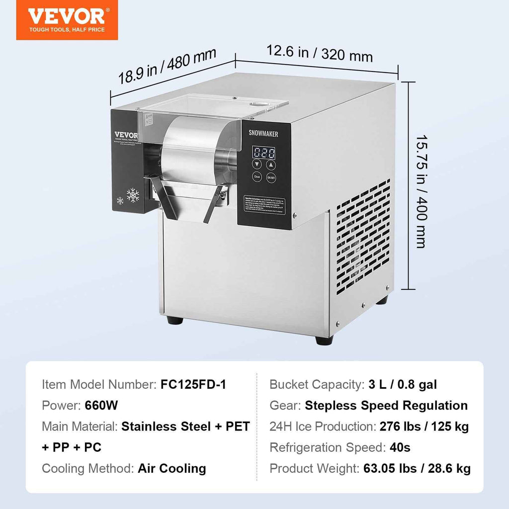 VEVOR Commercial Snowflake Ice Machine, 276LBS/24H Snowflake Ice Maker, Stainless Steel Ice Shaver Machine, Electric Snow Cone Maker, Air Cooling System for Rapid Heat Dissipation, for Bakery, Cafe