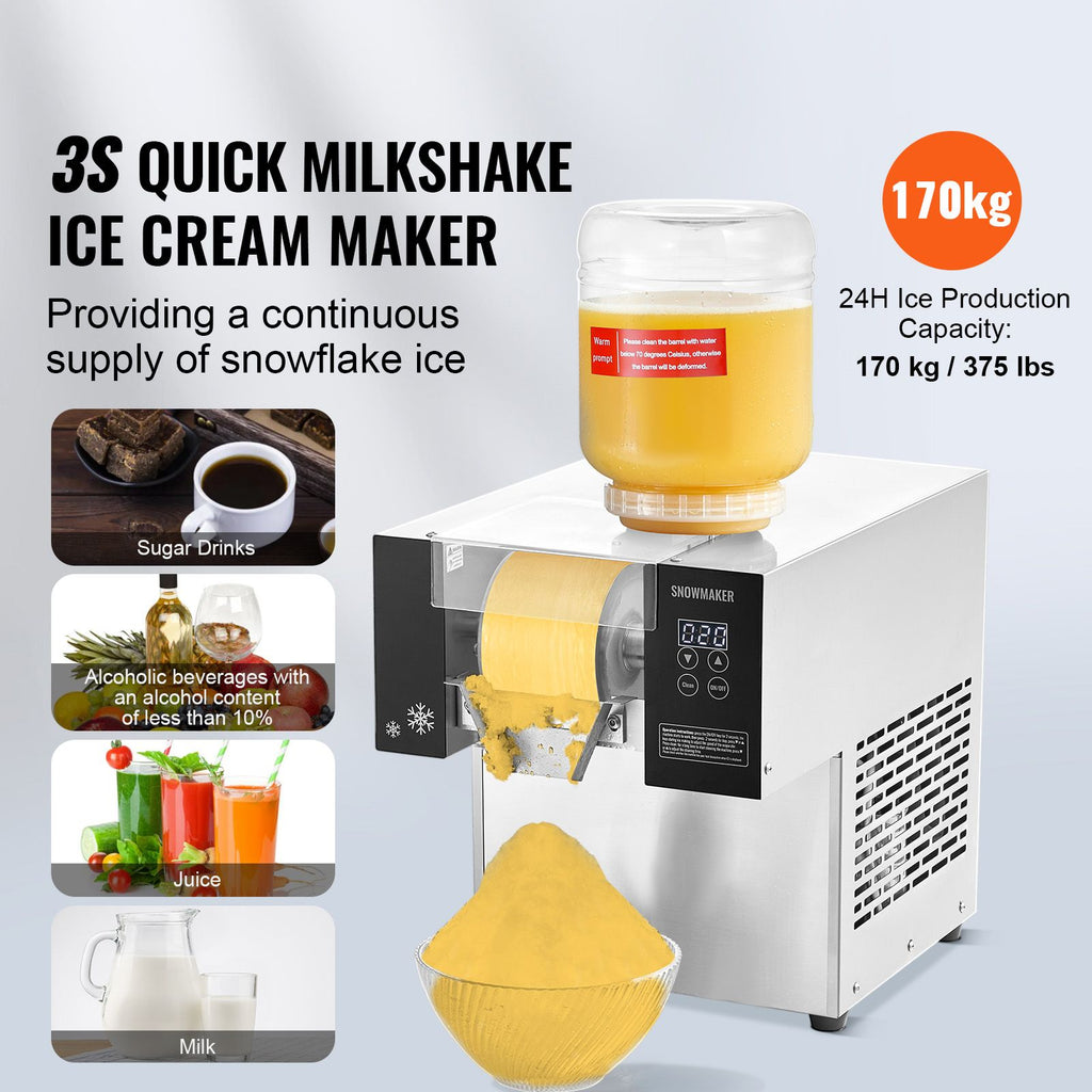 VEVOR Commercial Snowflake Ice Machine, 375LBS/24H Snowflake Ice Maker, Stainless Steel Ice Shaver Machine, Electric Snow Cone Maker, Air Cooling System for Rapid Heat Dissipation, for Bakery, Cafe