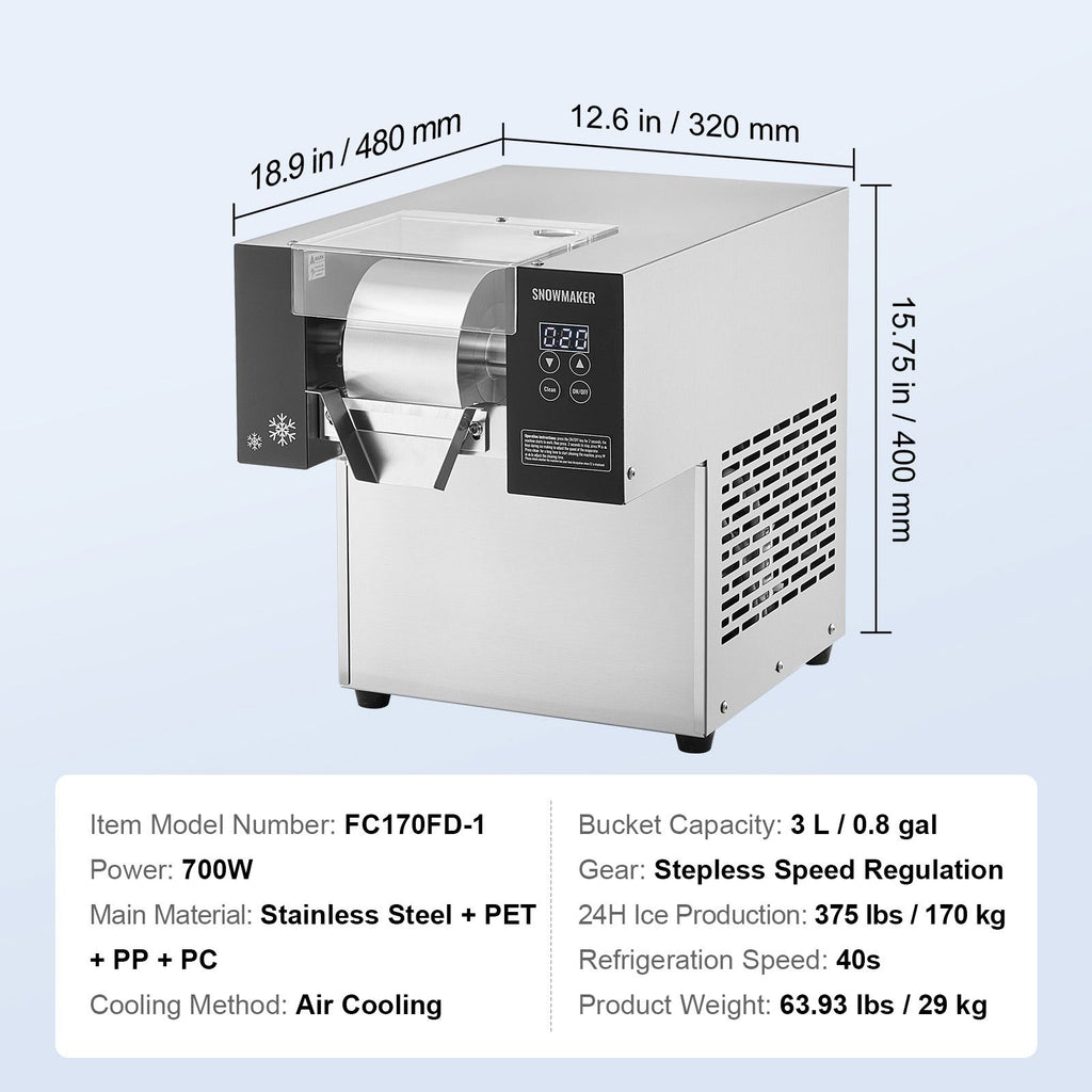 VEVOR Commercial Snowflake Ice Machine, 375LBS/24H Snowflake Ice Maker, Stainless Steel Ice Shaver Machine, Electric Snow Cone Maker, Air Cooling System for Rapid Heat Dissipation, for Bakery, Cafe