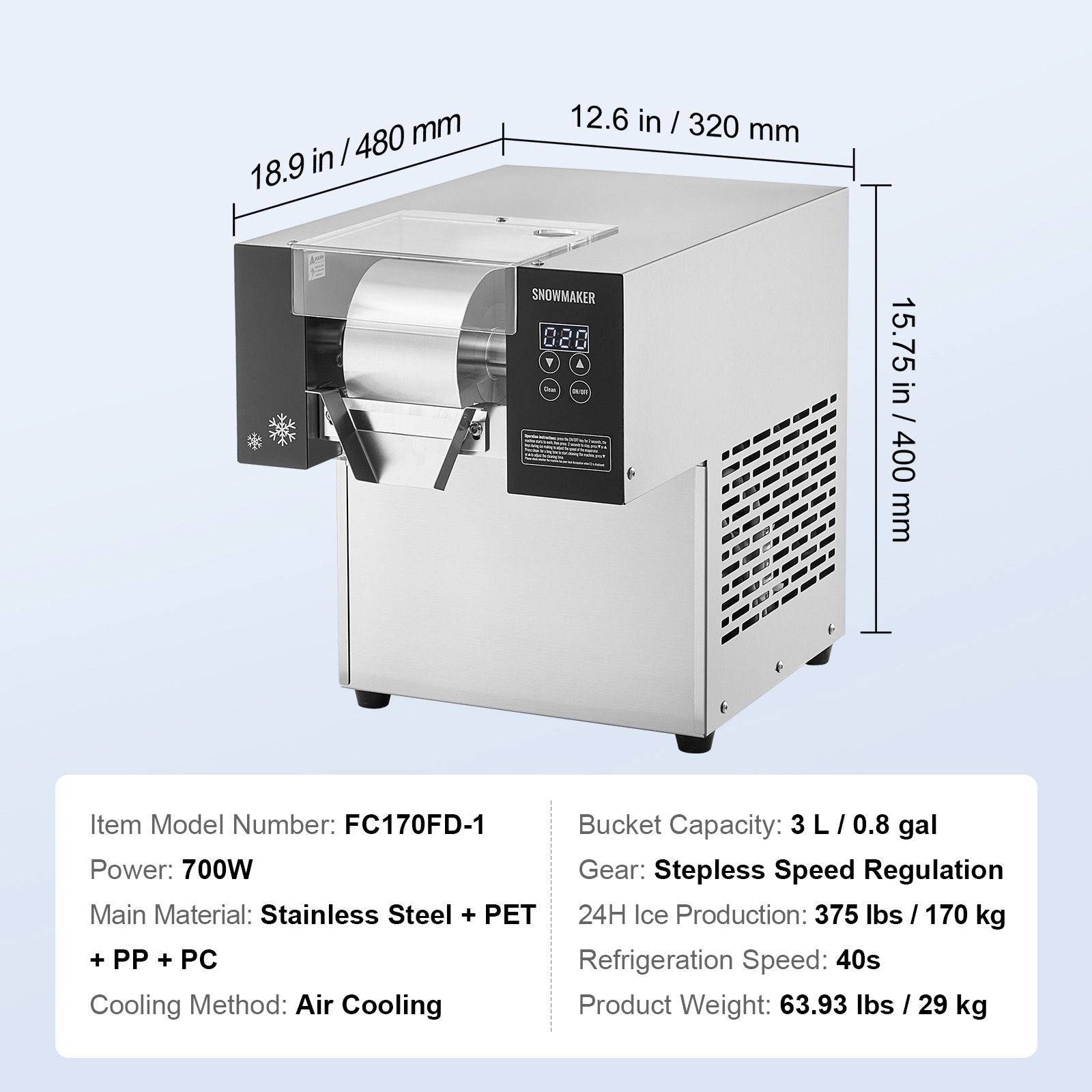 VEVOR Commercial Snowflake Ice Machine, 375LBS/24H Snowflake Ice Maker, Stainless Steel Ice Shaver Machine, Electric Snow Cone Maker, Air Cooling System for Rapid Heat Dissipation, for Bakery, Cafe