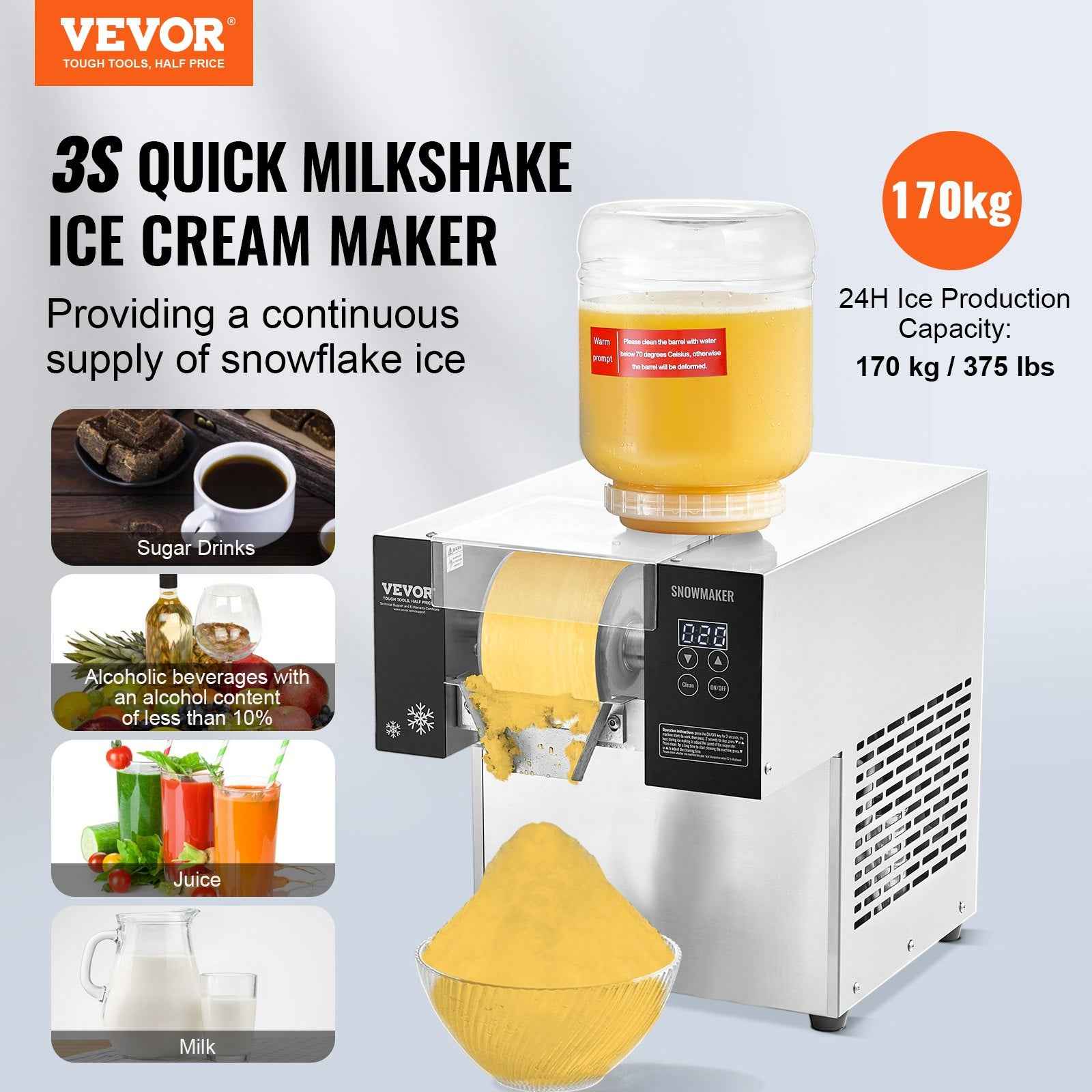 VEVOR Commercial Snowflake Ice Machine, 375LBS/24H Snowflake Ice Maker, Stainless Steel Ice Shaver Machine, Electric Snow Cone Maker, Air Cooling System for Rapid Heat Dissipation, for Bakery, Cafe