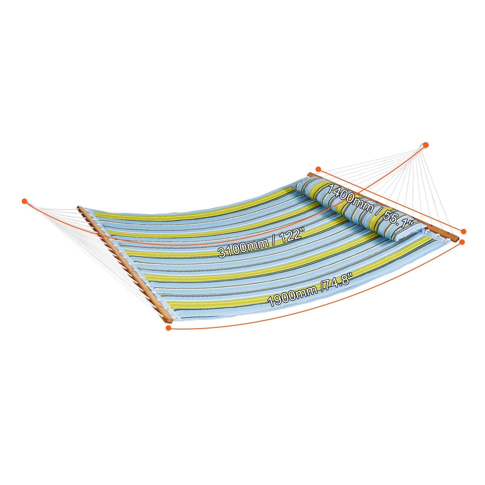 Double Quilted Fabric Hammock, 12 FT Double Hammock with Hardwood Spreader Bars, 2 Person Quilted Hammock with Detachable Pillow and Chains for Camping Outdoor Patio Yard Beach, 480 lbs Capacity