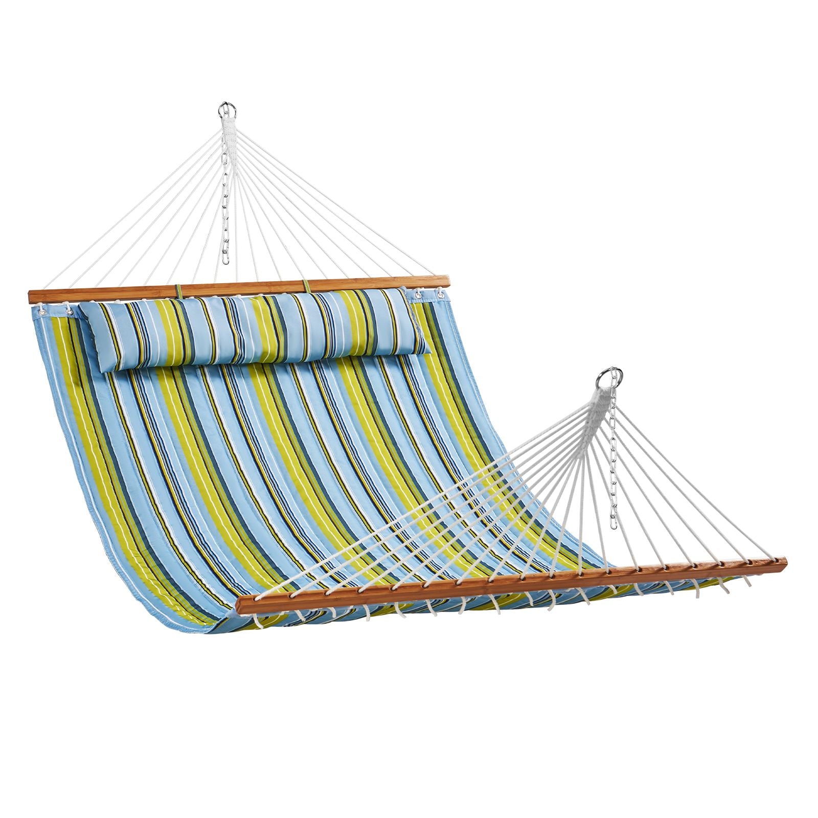 Double Quilted Fabric Hammock, 12 FT Double Hammock with Hardwood Spreader Bars, 2 Person Quilted Hammock with Detachable Pillow and Chains for Camping Outdoor Patio Yard Beach, 480 lbs Capacity
