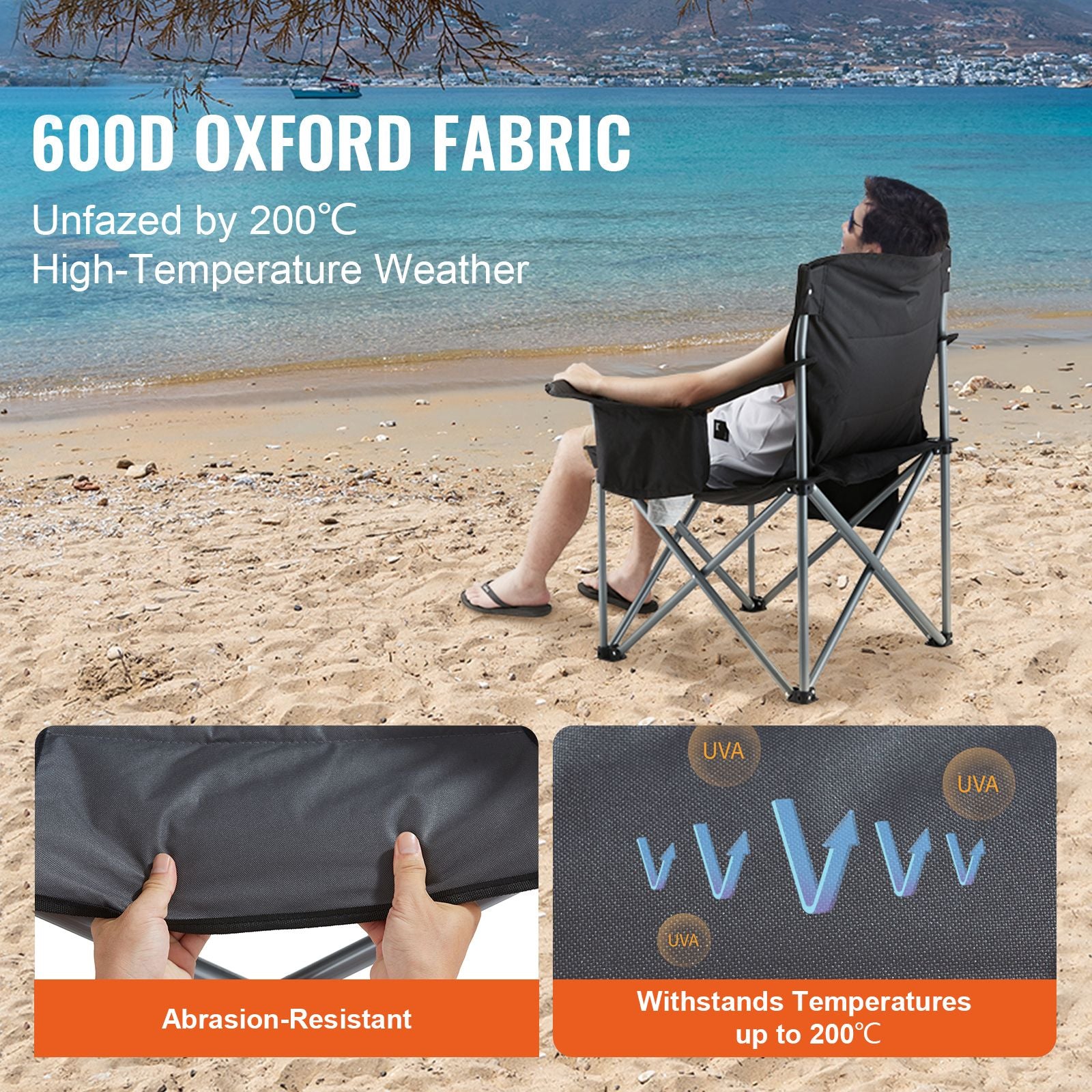 Camping Folding Chair for Adults, Portable Heavy Duty Outdoor Quad Lumbar Back Padded Arm Chairs with Side Pockets, Cup Holder and Cooler Bag for Beach, Lawn, Picnic, Fishing, Backpacking, Black