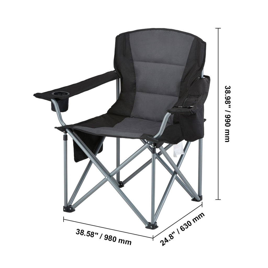 Camping Folding Chair for Adults, Portable Heavy Duty Outdoor Quad Lumbar Back Padded Arm Chairs with Side Pockets, Cup Holder and Cooler Bag for Beach, Lawn, Picnic, Fishing, Backpacking, Black