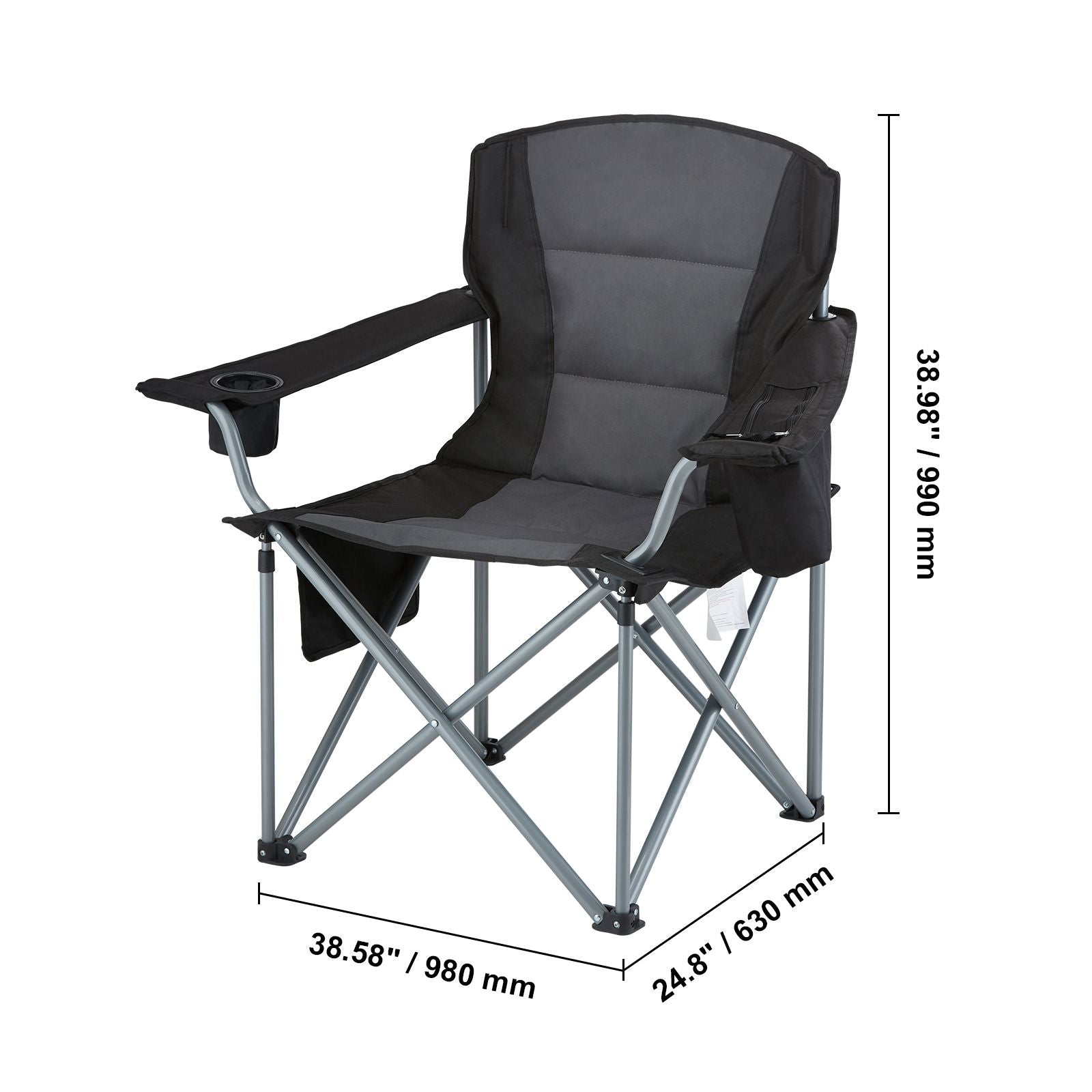Camping Folding Chair for Adults, Portable Heavy Duty Outdoor Quad Lumbar Back Padded Arm Chairs with Side Pockets, Cup Holder and Cooler Bag for Beach, Lawn, Picnic, Fishing, Backpacking, Black