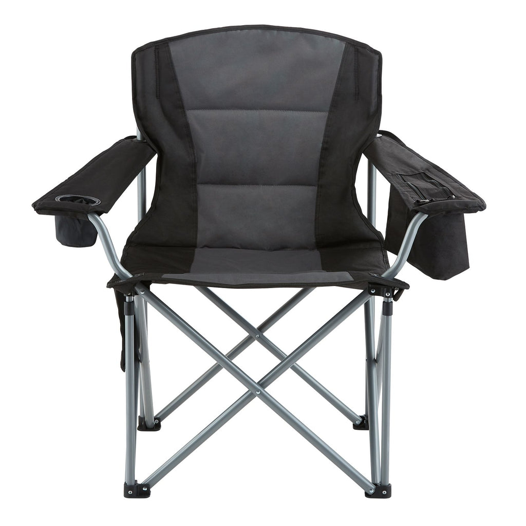 Camping Folding Chair for Adults, Portable Heavy Duty Outdoor Quad Lumbar Back Padded Arm Chairs with Side Pockets, Cup Holder and Cooler Bag for Beach, Lawn, Picnic, Fishing, Backpacking, Black