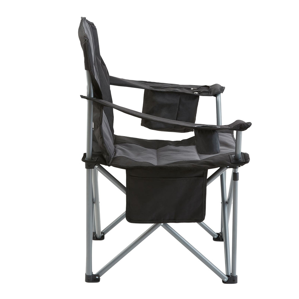 Camping Folding Chair for Adults, Portable Heavy Duty Outdoor Quad Lumbar Back Padded Arm Chairs with Side Pockets, Cup Holder and Cooler Bag for Beach, Lawn, Picnic, Fishing, Backpacking, Black