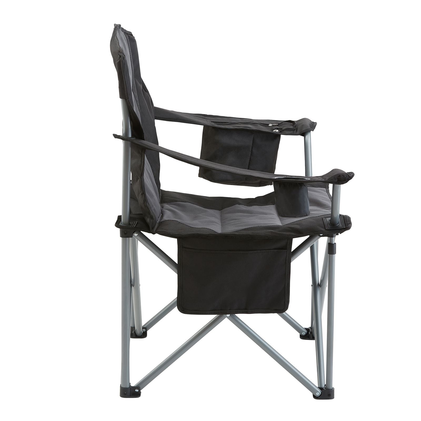 Camping Folding Chair for Adults, Portable Heavy Duty Outdoor Quad Lumbar Back Padded Arm Chairs with Side Pockets, Cup Holder and Cooler Bag for Beach, Lawn, Picnic, Fishing, Backpacking, Black