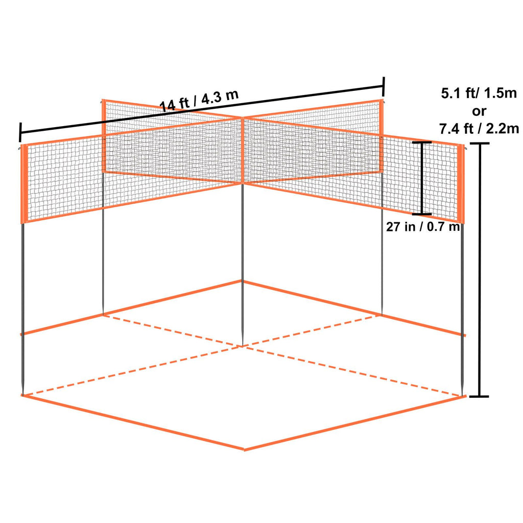 4-Way Volleyball Net, Adjustable Height Badminton Net Set for Backyard Beach Lawn, Outdoor Portable Volleyball Net with Carrying Bag, 4 Square Quick Assemble Game Set For Kids And Adults