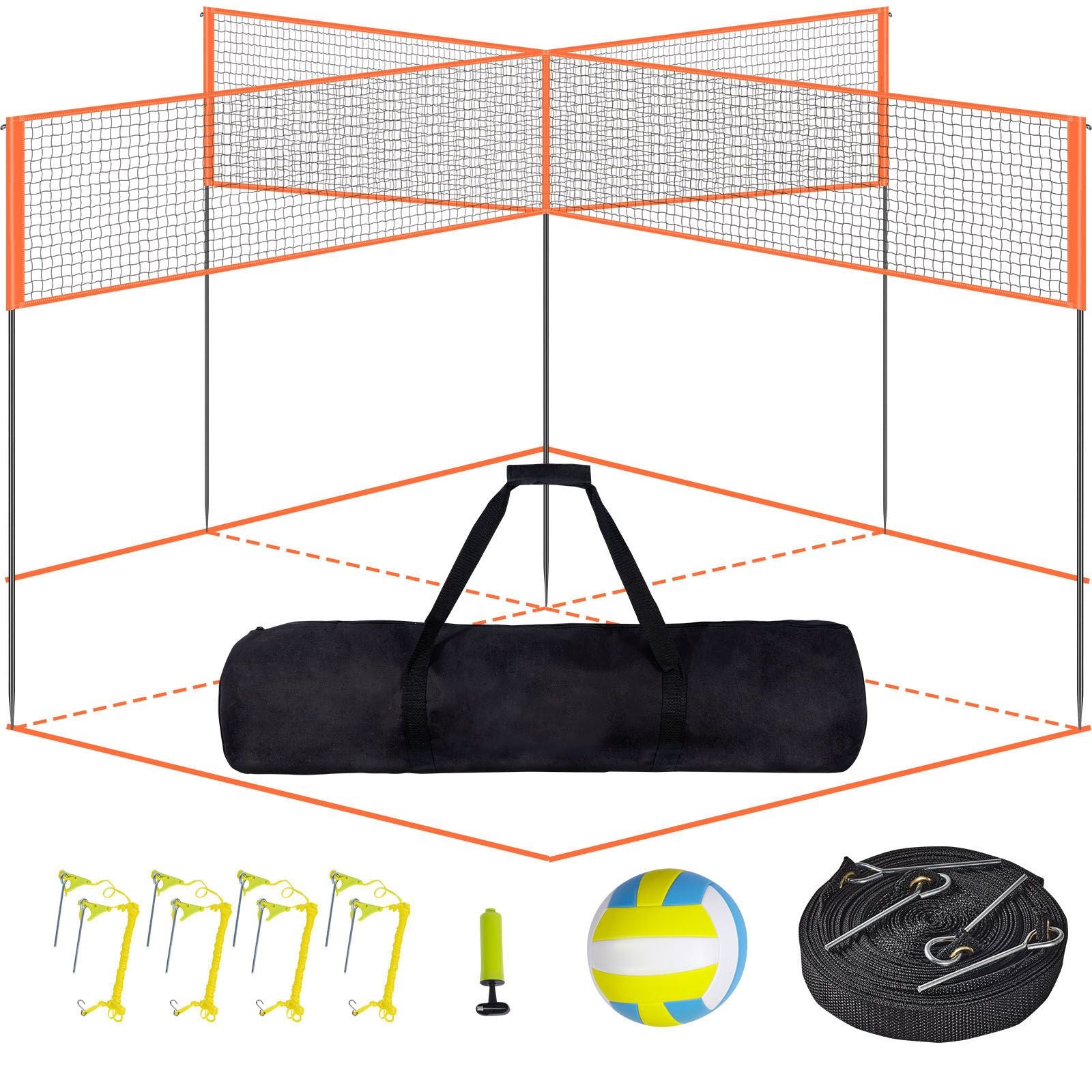 4-Way Volleyball Net, Adjustable Height Badminton Net Set for Backyard Beach Lawn, Outdoor Portable Volleyball Net with Carrying Bag, 4 Square Quick Assemble Game Set For Kids And Adults