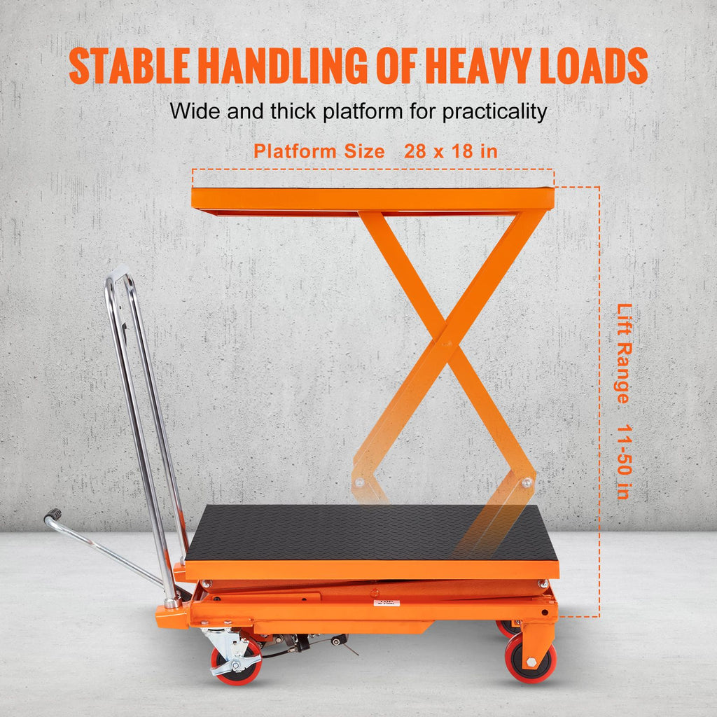 Hydraulic Lift Table Cart, 330lbs Capacity 50" Lifting Height, Manual Double Scissor Lift Table with 4 Wheels and Non-slip Pad, Hydraulic Scissor Cart for Material Handling and Transportation