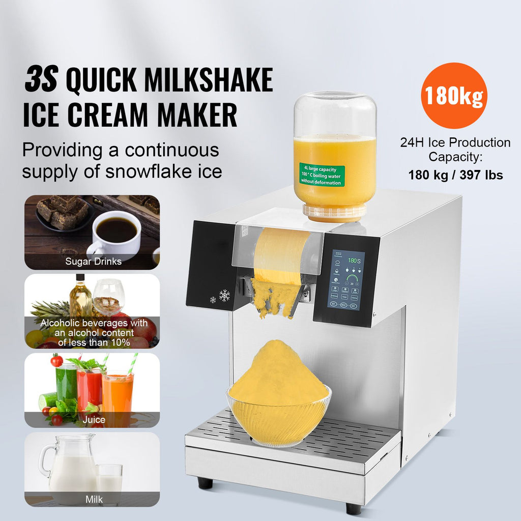 VEVOR Commercial Snowflake Ice Machine, 397LBS/24H Snowflake Ice Maker, Stainless Steel Ice Shaver Machine, Electric Snow Cone Maker, Liquid Cooling System for Rapid Heat Dissipation, Ice Cream