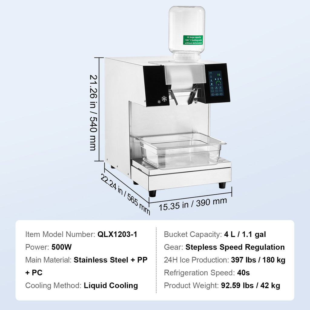 VEVOR Commercial Snowflake Ice Machine, 397LBS/24H Snowflake Ice Maker, Stainless Steel Ice Shaver Machine, Electric Snow Cone Maker, Liquid Cooling System for Rapid Heat Dissipation, Ice Cream