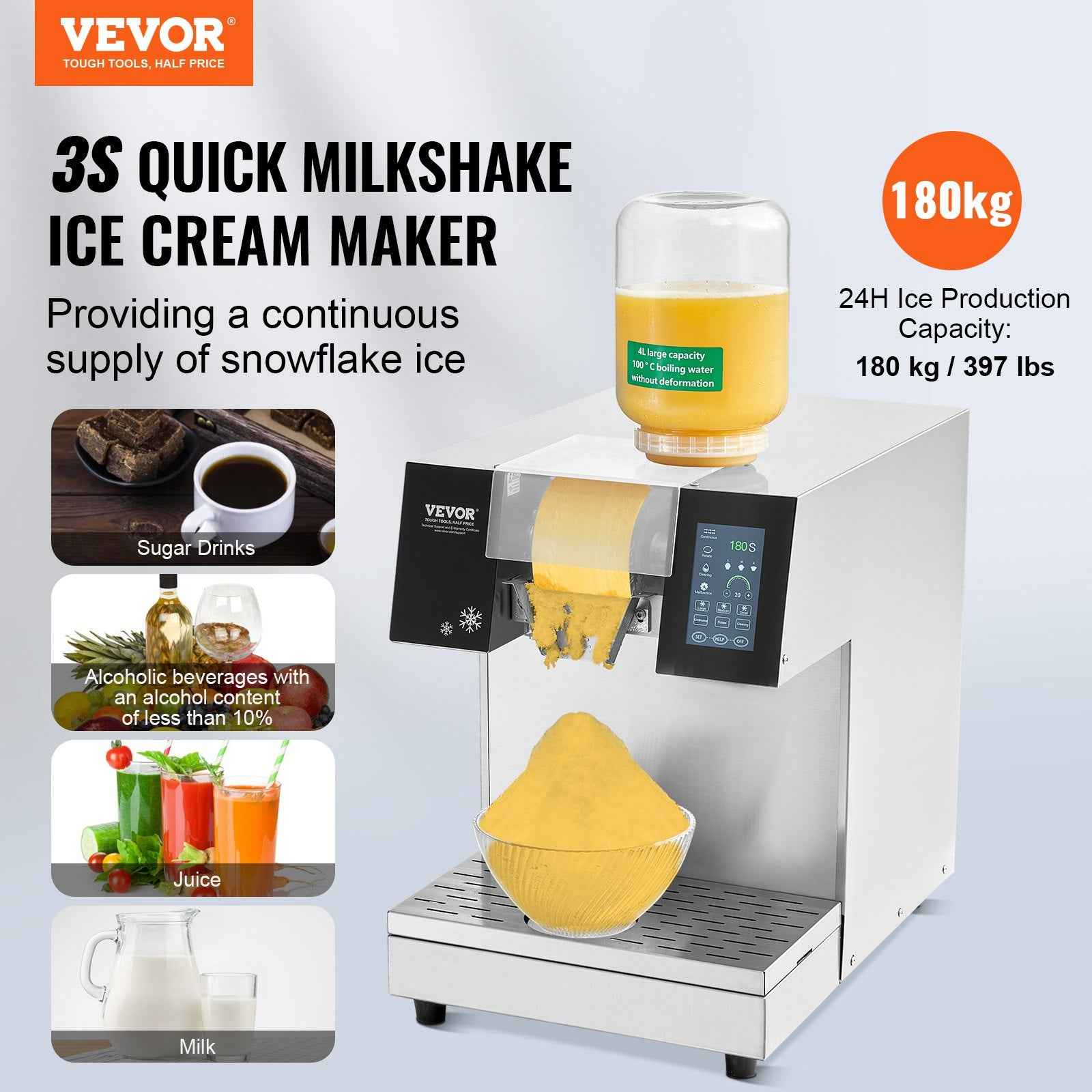 VEVOR Commercial Snowflake Ice Machine, 397LBS/24H Snowflake Ice Maker, Stainless Steel Ice Shaver Machine, Electric Snow Cone Maker, Liquid Cooling System for Rapid Heat Dissipation, Ice Cream