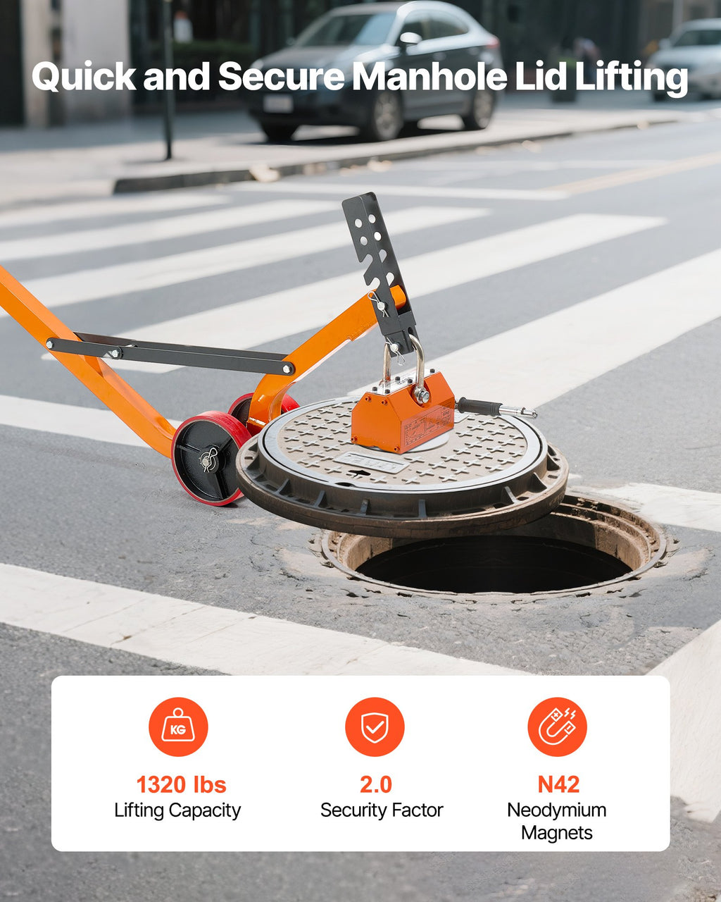 VEVOR Magnetic Lid Lifter Dolly, 600 kg Pulling Capacity, Steel Dolly with Heavy Duty Magnet Lift and 2 Wheels, Adjustable Handle, N42 Neodymium, Foldable and Portable, for Lifting Manhole Covers