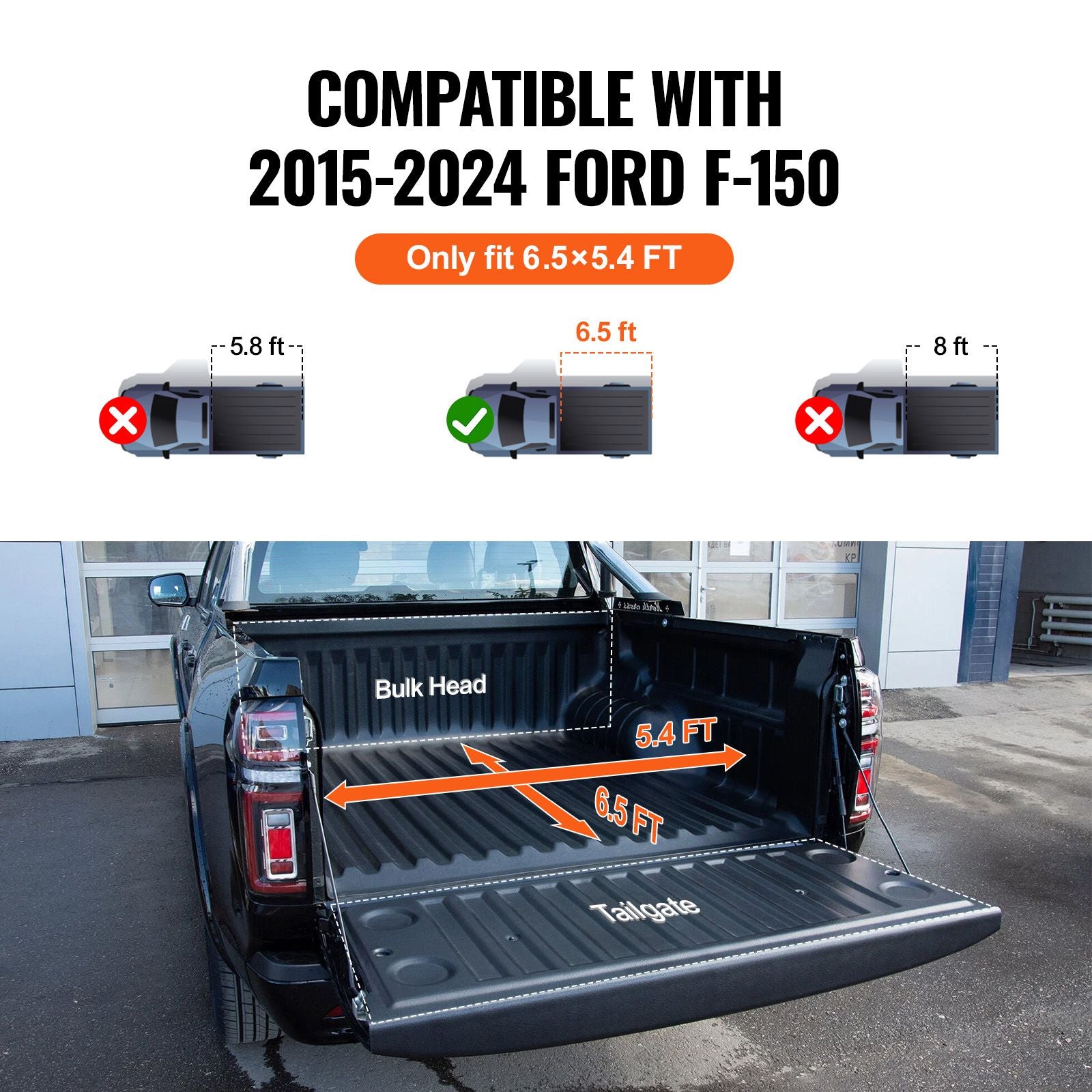 Tri-Fold Truck Bed Tonneau Cover, Compatible with 2015-2024 Ford F-150, 2004 mm Bed, Only Fit 2004 x 1656 mm Inside Bed, 181.4 kg Load Capacity with Built-in LED Light, Quick Folding, Black