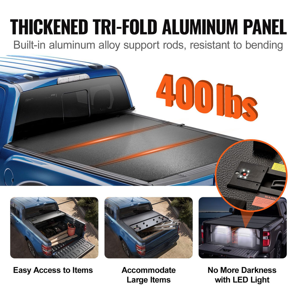 Tri-Fold Truck Bed Tonneau Cover, Compatible with 2015-2024 Ford F-150, 2004 mm Bed, Only Fit 2004 x 1656 mm Inside Bed, 181.4 kg Load Capacity with Built-in LED Light, Quick Folding, Black