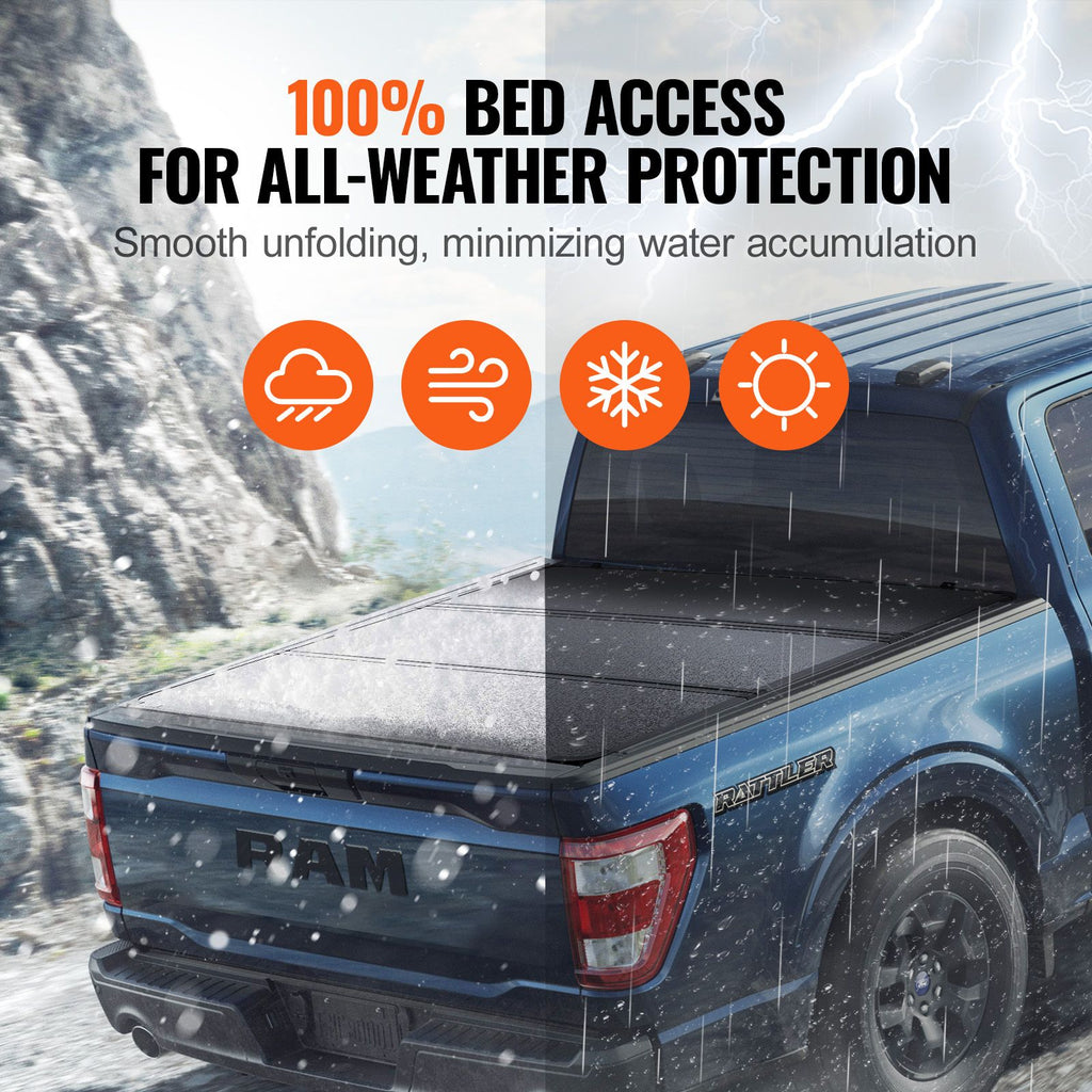 Tri-Fold Truck Bed Tonneau Cover, Compatible with 2015-2024 Ford F-150, 2004 mm Bed, Only Fit 2004 x 1656 mm Inside Bed, 181.4 kg Load Capacity with Built-in LED Light, Quick Folding, Black