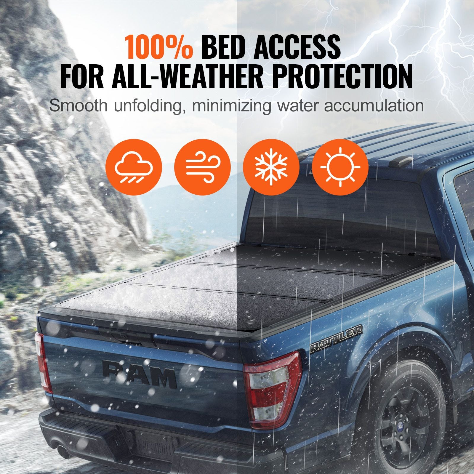 Tri-Fold Truck Bed Tonneau Cover, Compatible with 2015-2024 Ford F-150, 2004 mm Bed, Only Fit 2004 x 1656 mm Inside Bed, 181.4 kg Load Capacity with Built-in LED Light, Quick Folding, Black