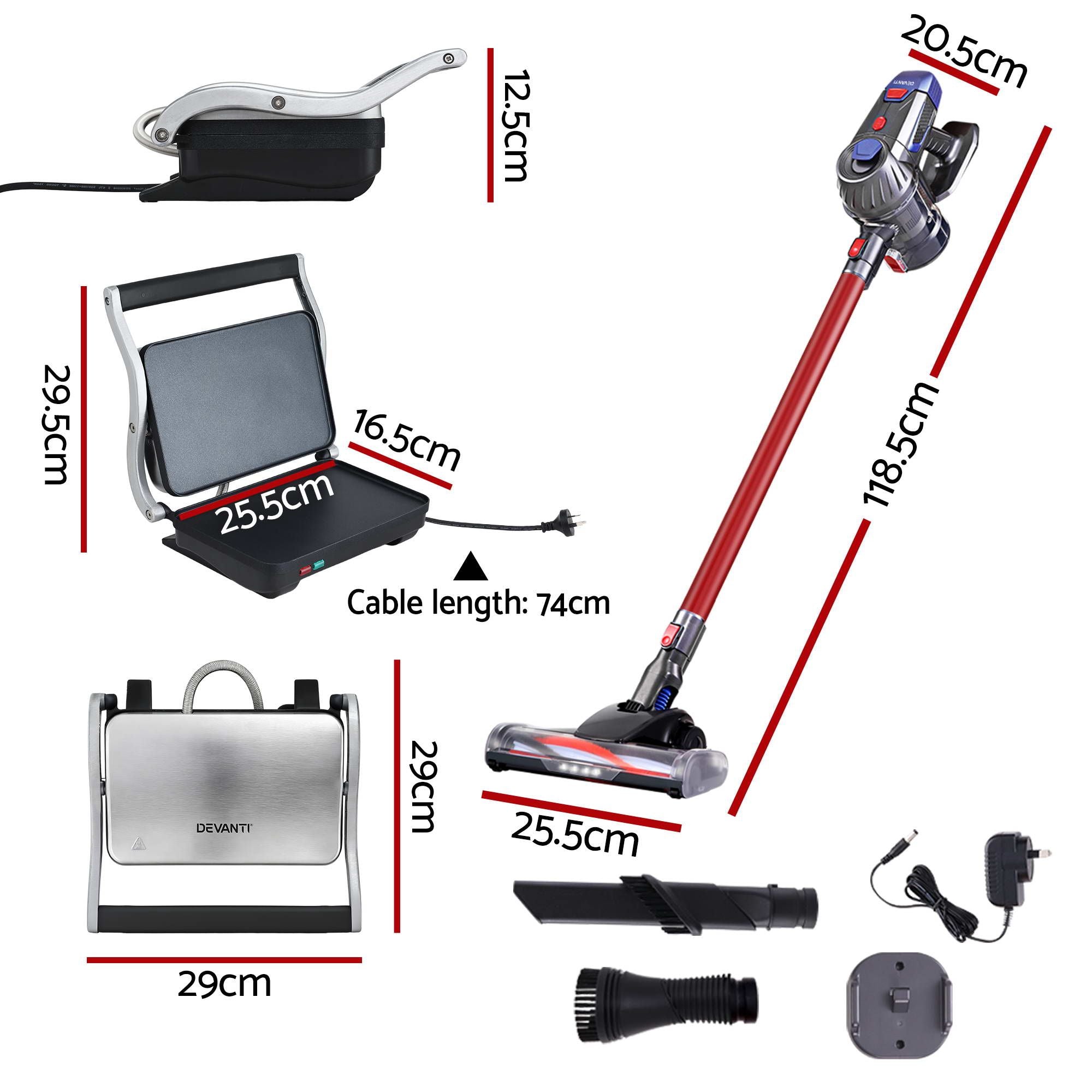 Devanti K7 Cordless Stick Vacuum Cleaner plus Sandwich Maker Panini Press