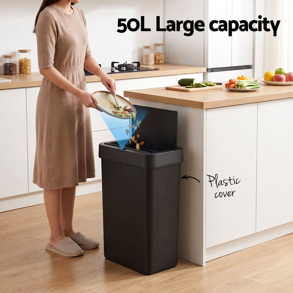 Artiss Rubbish Bin 50L Sensor Kitchen Automatic Motion Plastic Touchless Black
