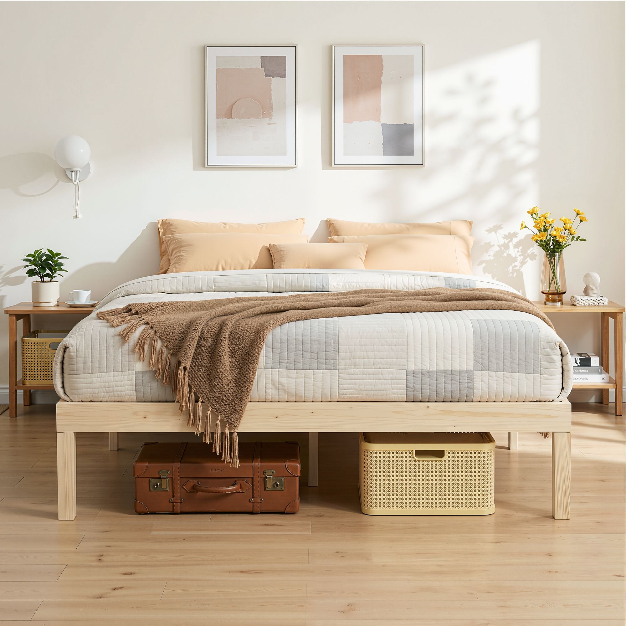 Marco de cama Artiss tamaño doble Base de madera Plataforma de colchón Madera Pino BRUNO