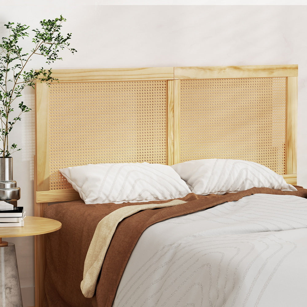 Artiss Bed Frame Double Size with Rattan Headboard Wooden Bed Base BRUNO