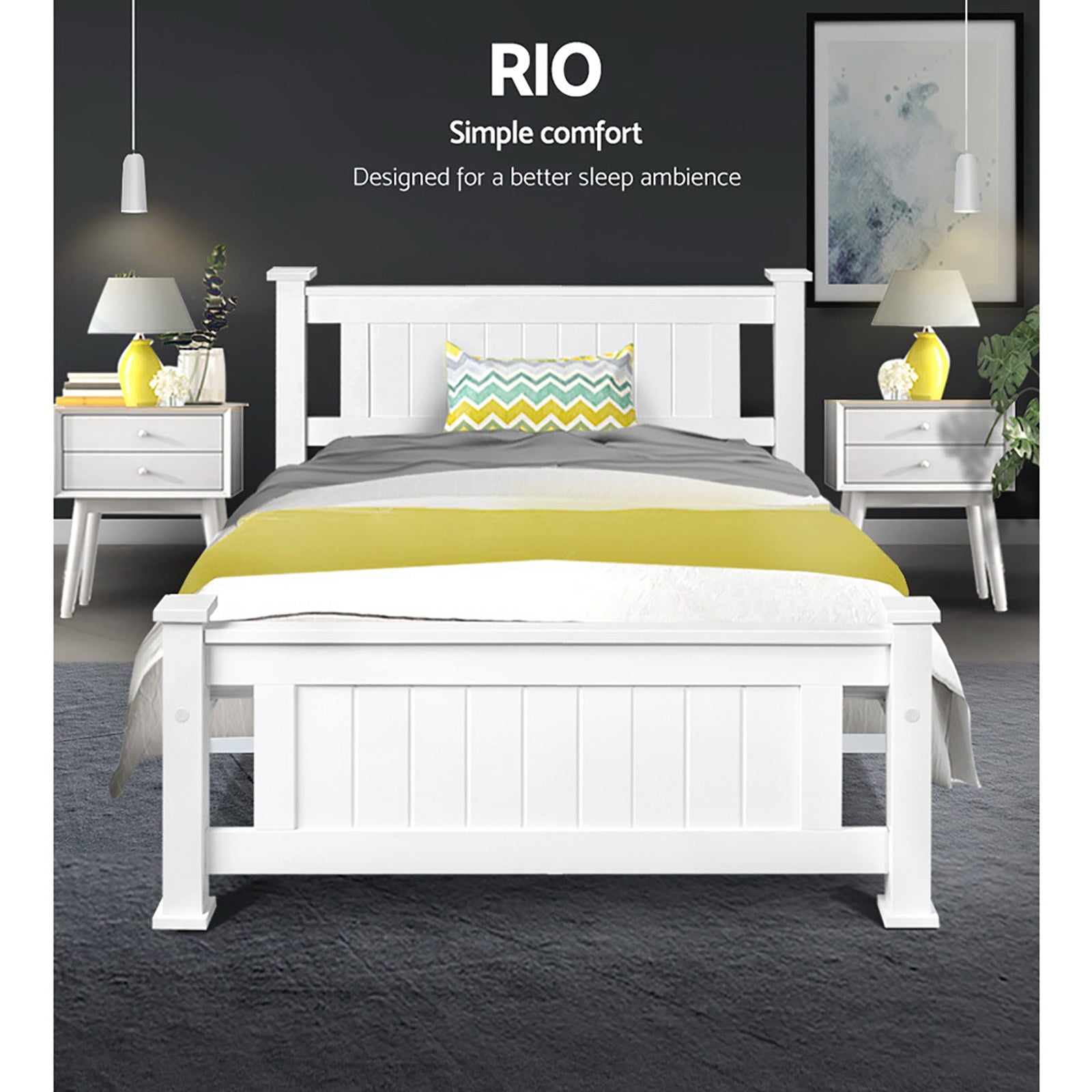 Cama individual tamaño king de madera, color blanco