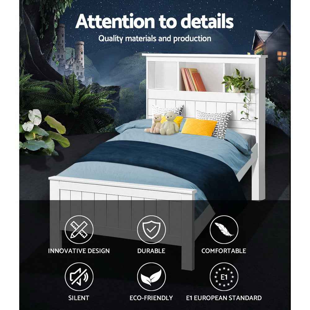 Artiss Bed Frame King Single Size Wooden with 3 Shelves Bed Head White