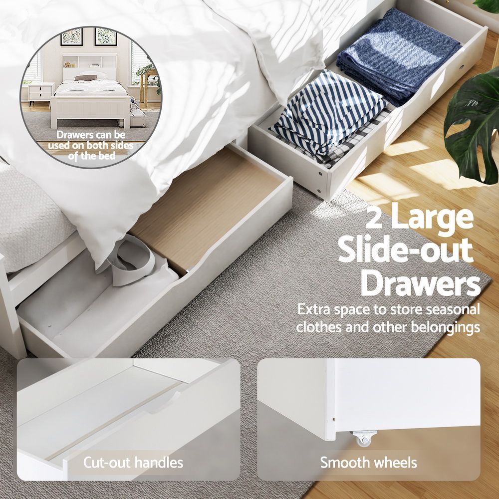 Artiss Bed Frame King Single Size Wooden with 2 Storage Drawers White