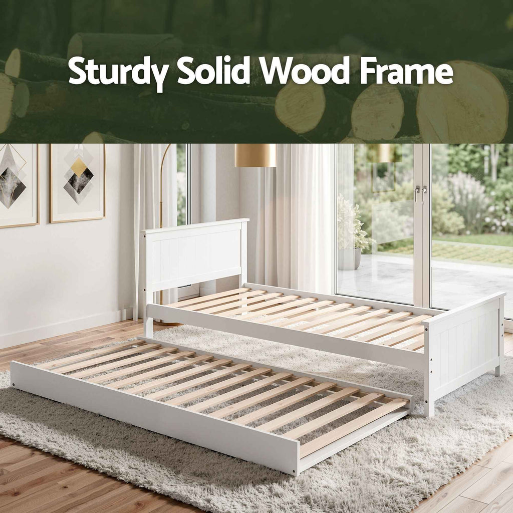 Artiss Single Bed Frame with Trundle Solid Wood Toddler Bunk Bed with Headboard White