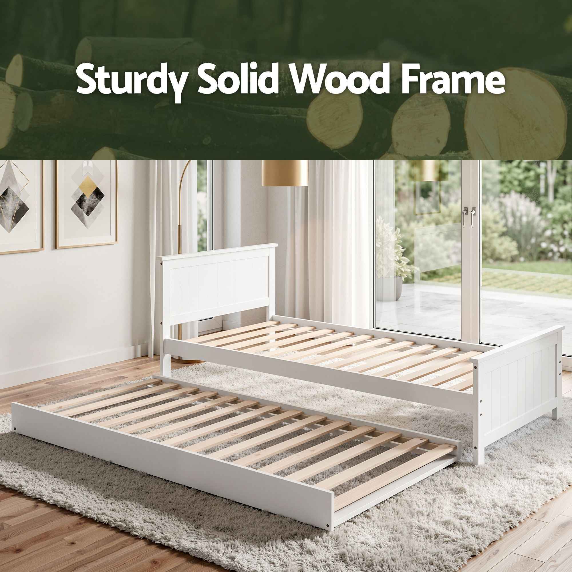 Artiss Single Bed Frame with Trundle Solid Wood Toddler Bunk Bed with Headboard White