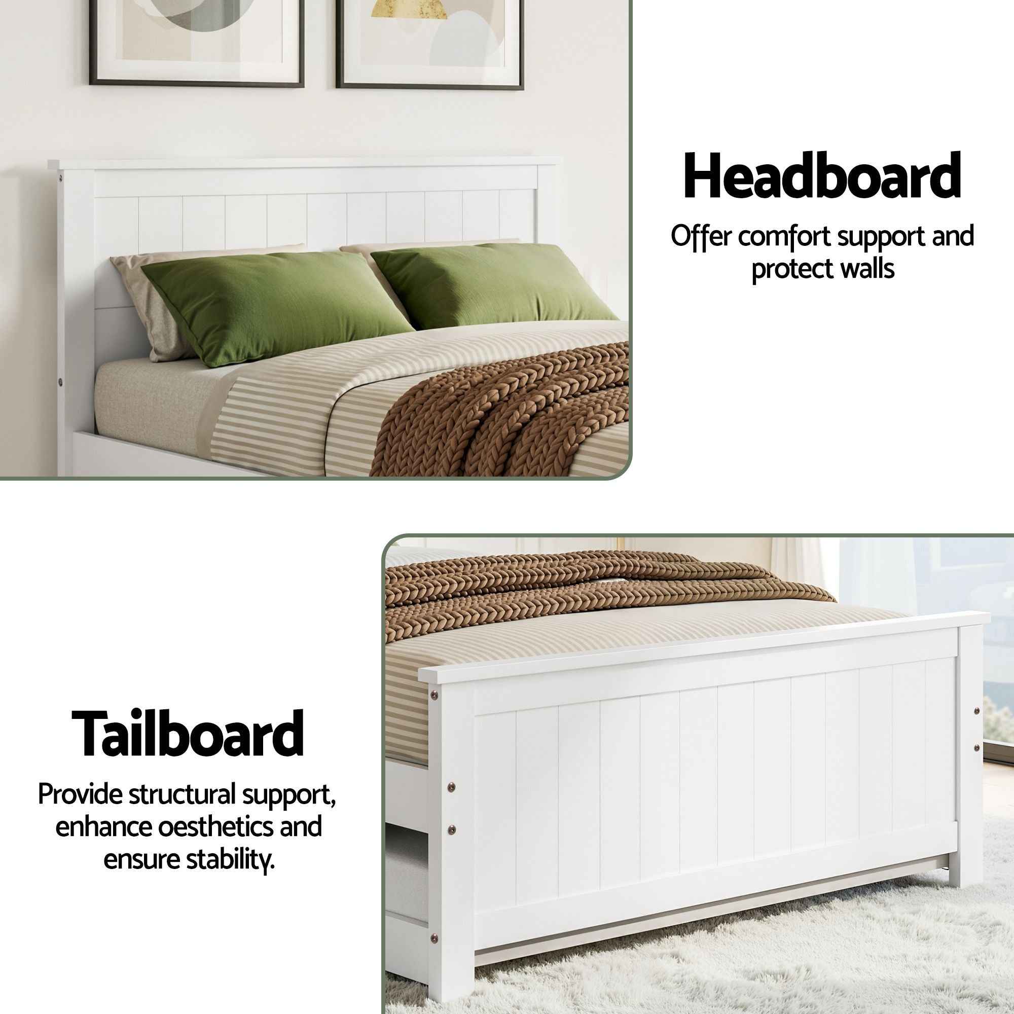 Artiss Single Bed Frame with Trundle Solid Wood Toddler Bunk Bed with Headboard White