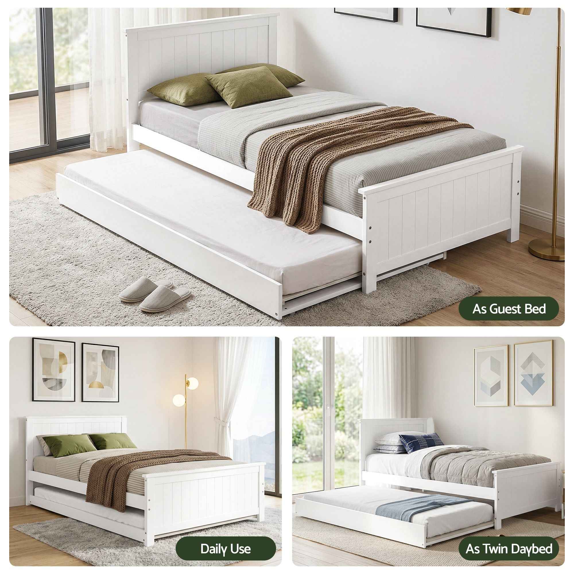 Artiss Single Bed Frame with Trundle Solid Wood Toddler Bunk Bed with Headboard White