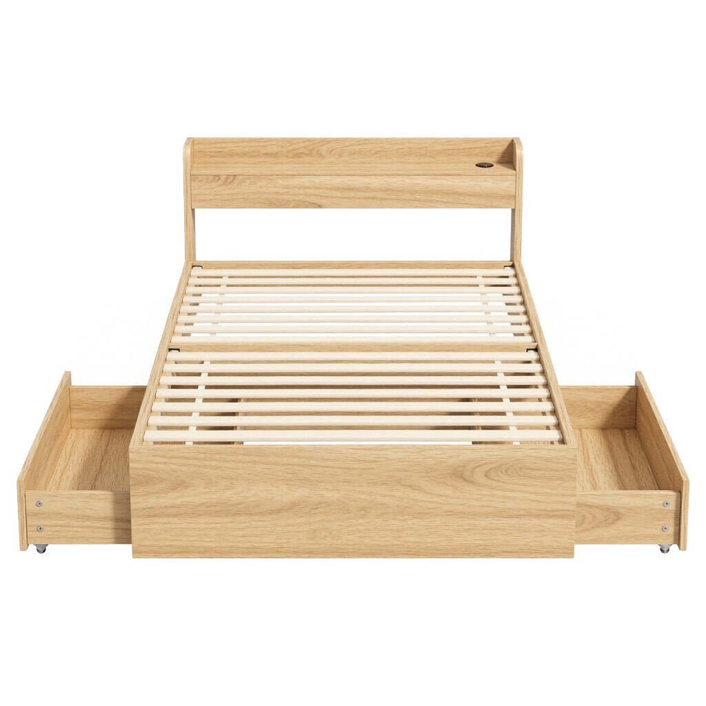 Artiss Single Bed Frame with 2 Storage Drawers Platform Bed Base with USB Ports Sturdy Wooden Slat Support Natural