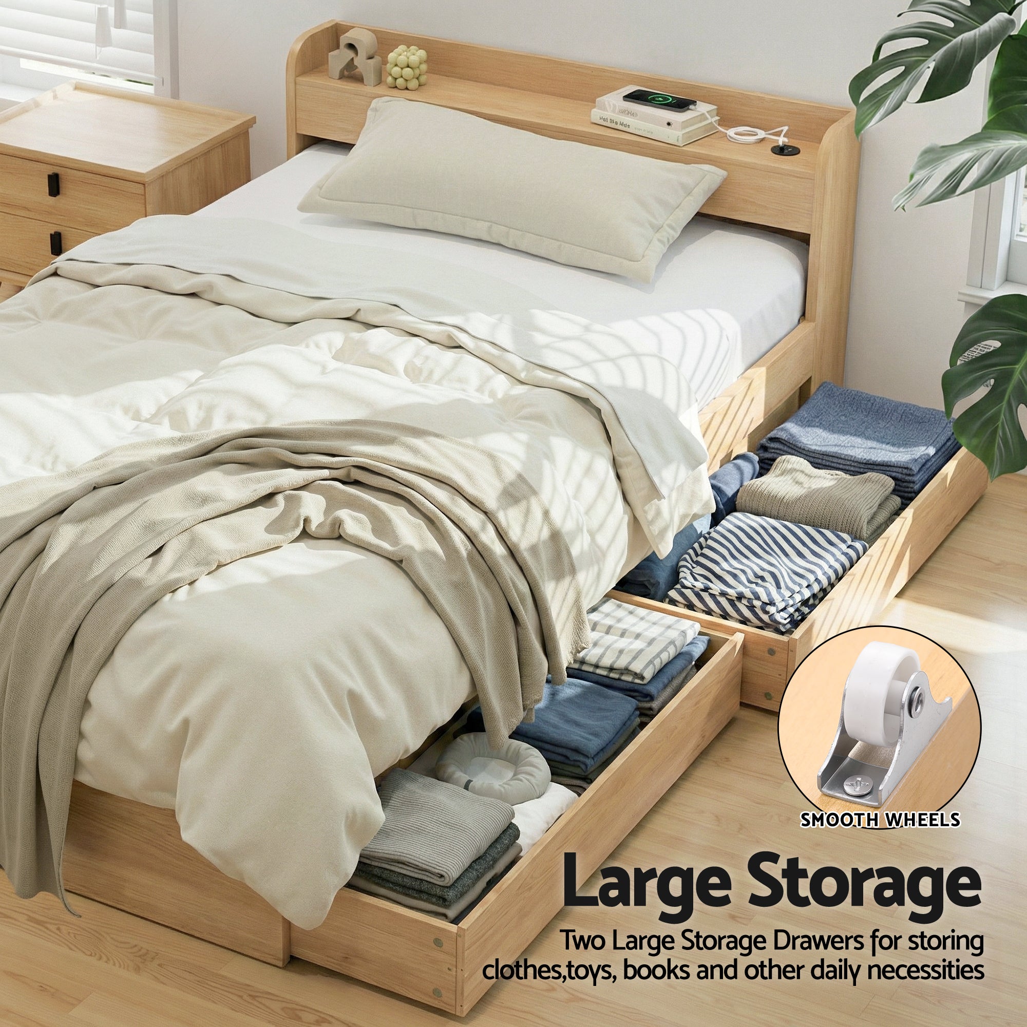 Artiss Single Bed Frame with 2 Storage Drawers Platform Bed Base with USB Ports Sturdy Wooden Slat Support Natural