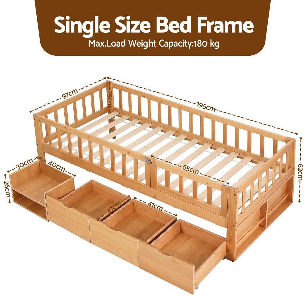Artiss Kids Single Bed Frame with 3 Storage Drawer Montessori Bed for Toddler Natural