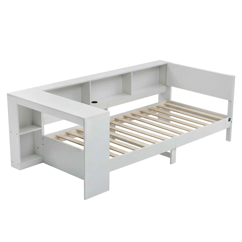 Artiss White Single Solid Wood Corner Platform Bed Frame with Built-in Desk, Storage Shelves and USB-C Charging Station for Small Spaces, Wooden Bed Base for Guest Room