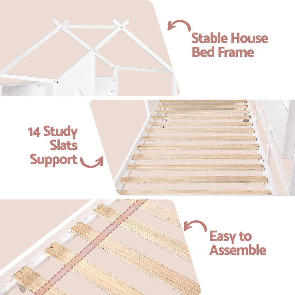 Artiss Kids Single Bed Frame with 3 Storage Bookcase & 2 Drawers House Bed Solid Wood Montessori Bed Easy Assembly White