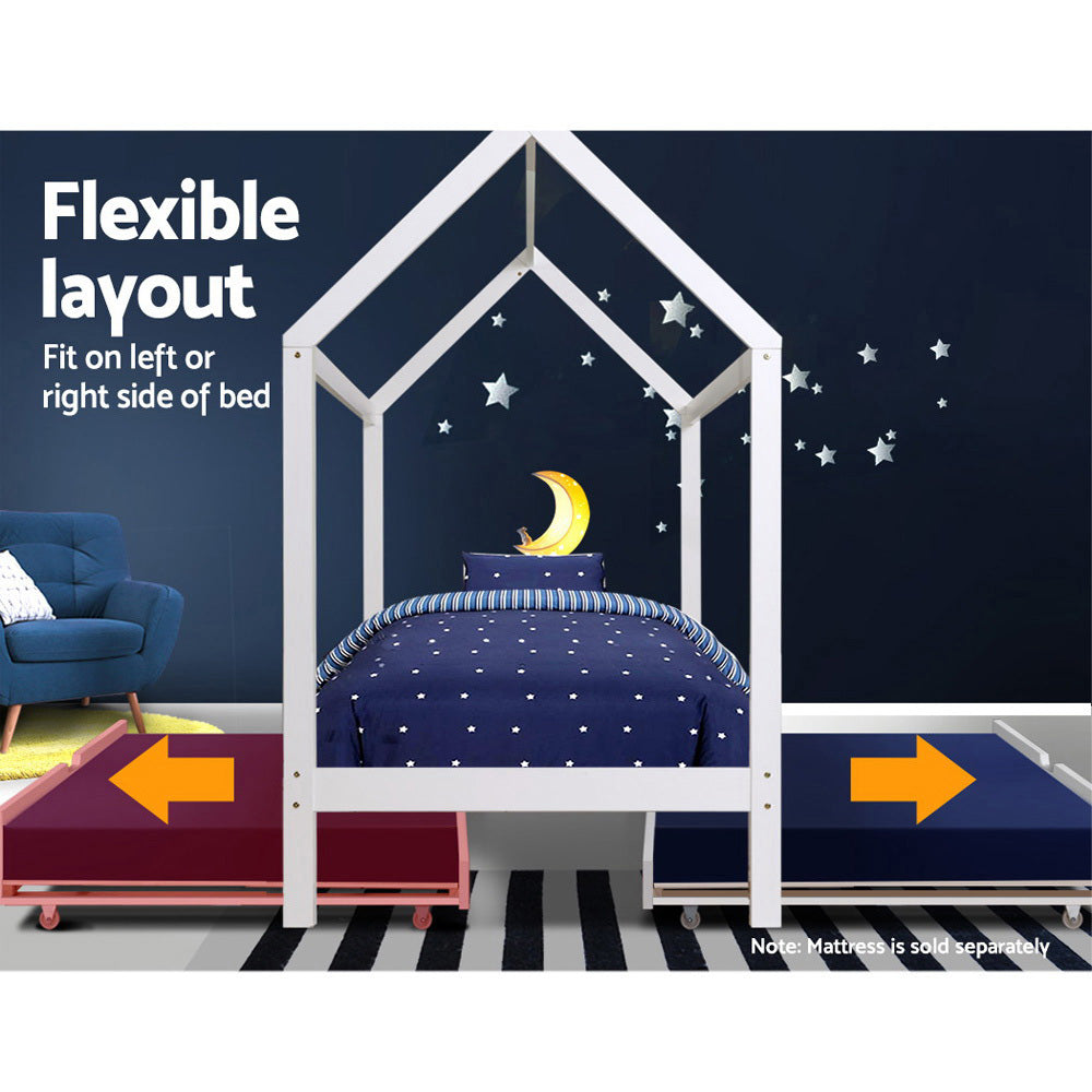 Artiss Bed Frame Wooden Trundle Daybed Kids House Frame White HOLY - YDS.com.au