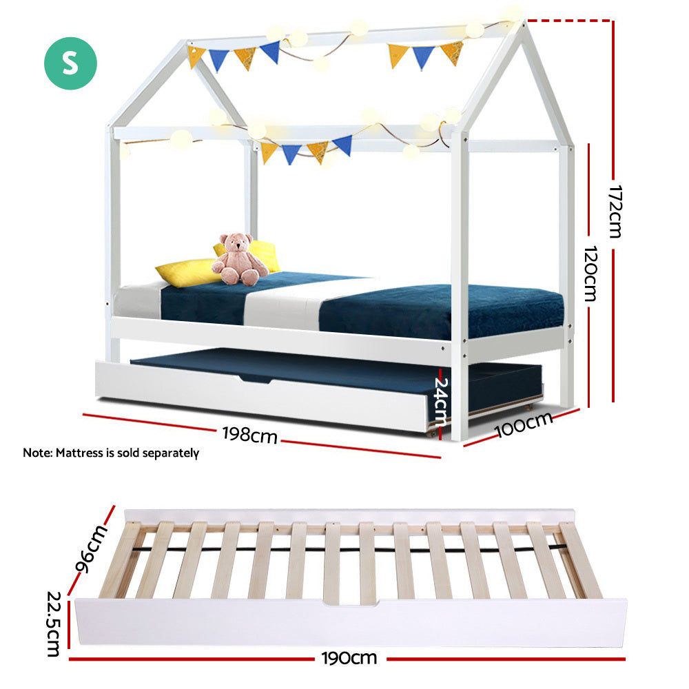 Artiss Bed Frame Wooden Trundle Daybed Kids House Frame White HOLY - YDS.com.au