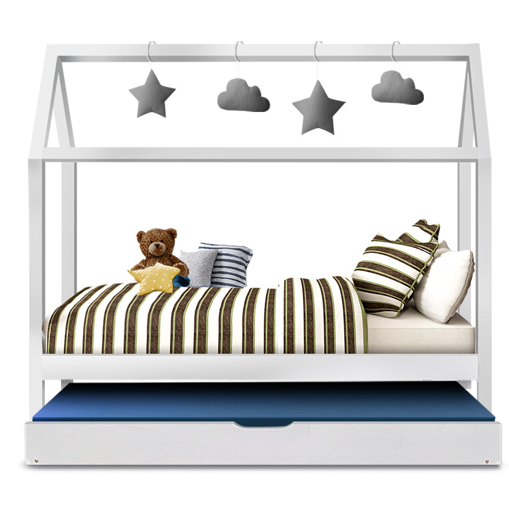 Artiss Bed Frame Wooden Trundle Daybed Kids House Frame White HOLY - YDS.com.au