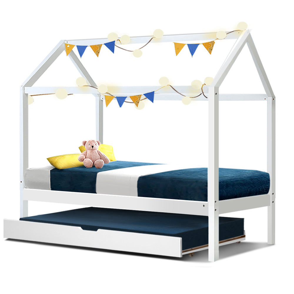 Artiss Bed Frame Wooden Trundle Daybed Kids House Frame White HOLY - YDS.com.au